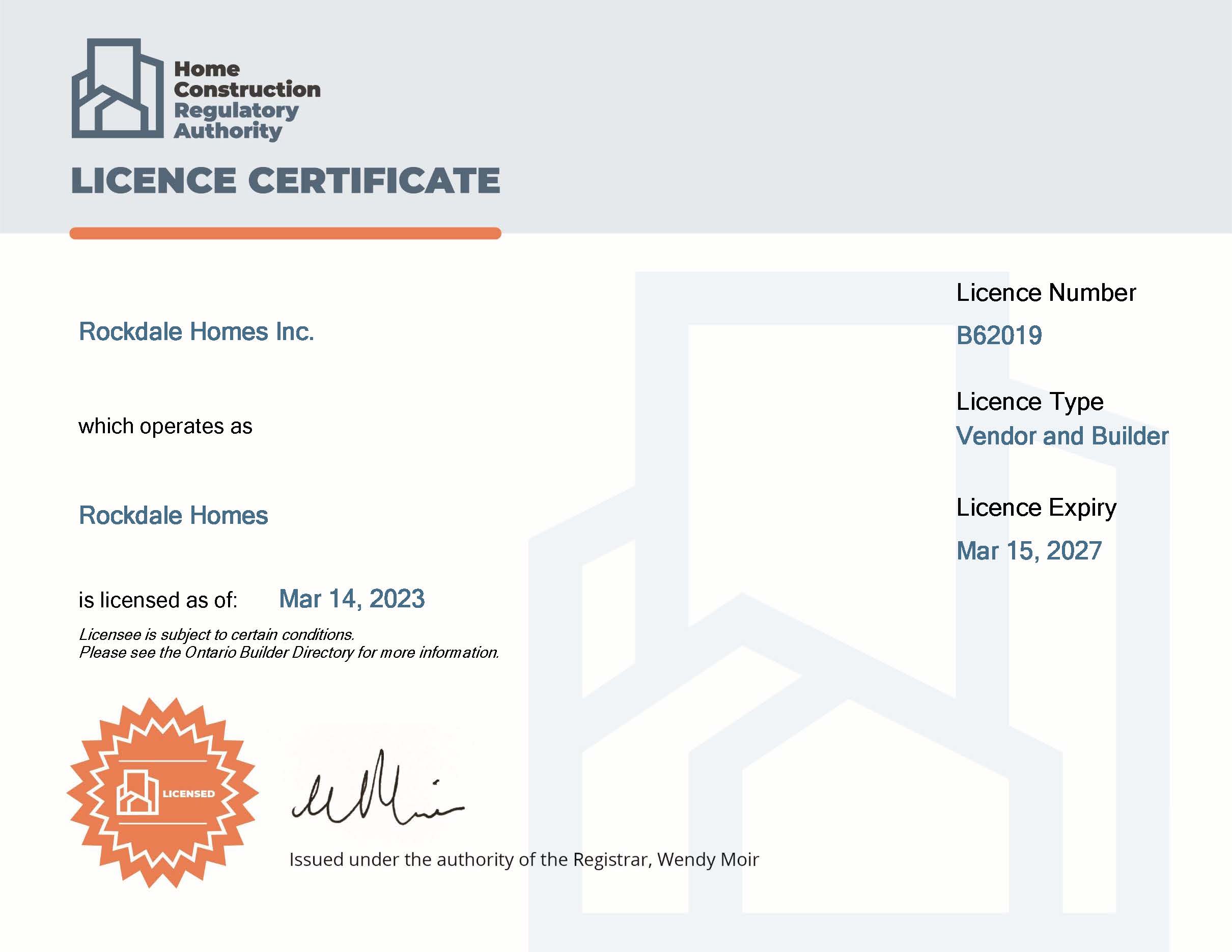 HCRA Builer and Vendor Licence of 2026